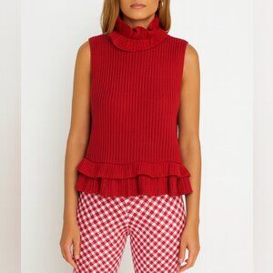 GANNI Ruffled Sleeveless Open Back Rib Knit Top In Red, S
